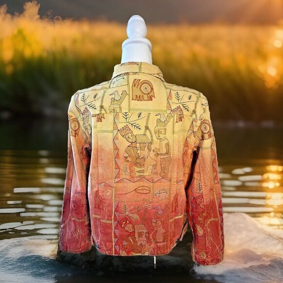Chico's Fall Tribal Boho Patchwork Embroidered Denim Jean Jacket Art-to-Wear 1M - Picture 3 of 10